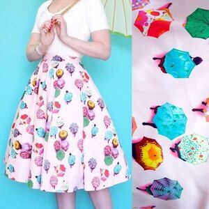 Vintage Tatyana Rainy Day Umbrella Print Satin Circle Midi Skirt Pink Medium